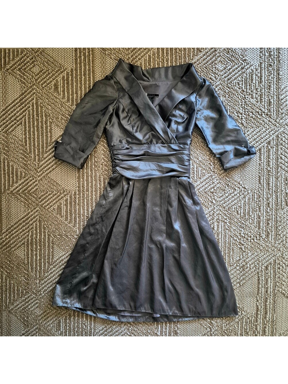 Vtg 90s Y2K Mother of The Bride Charcoal Gray Ruched Waist Formal Midi Dress 4 6